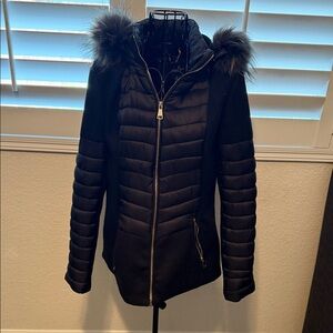 Women's Black Puffer Jacket with detachable Faux fur and detachable Hood